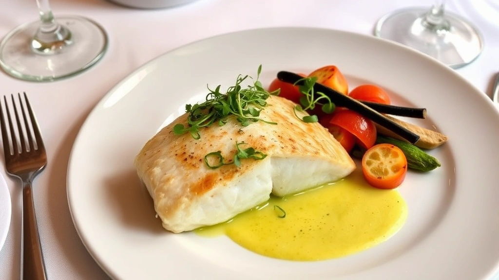 Plated fine dining dish featuring pan-seared rockfish fillet with herb beurre blanc, microgreens garnish, and seasonal vegetables on white plate, elegant table setting with wine glass visible