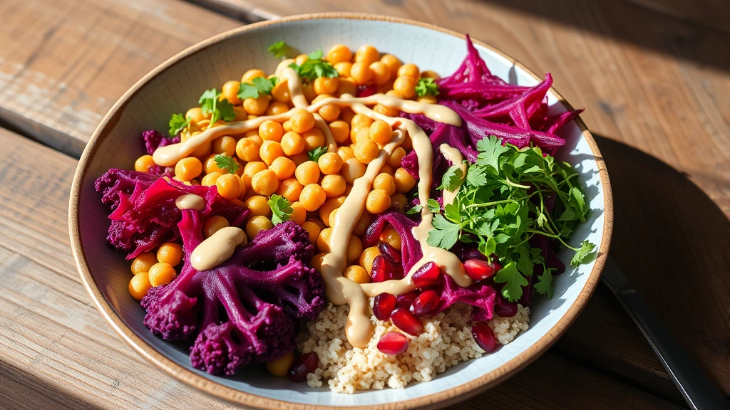 Vibrant Buddha bowl with roasted purple cauliflower, quinoa, chickpeas, shredded beets, fresh microgreens, tahini drizzle, and pomegranate seeds on rustic wooden table with natural lighting