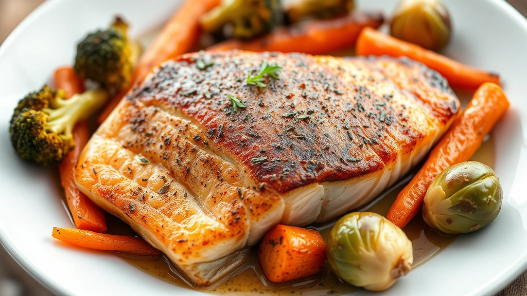 Perfectly seared wild salmon fillet with crispy skin, surrounded by roasted seasonal vegetables including broccolini, heirloom carrots, and brussels sprouts with herb garnish, plated on white ceramic