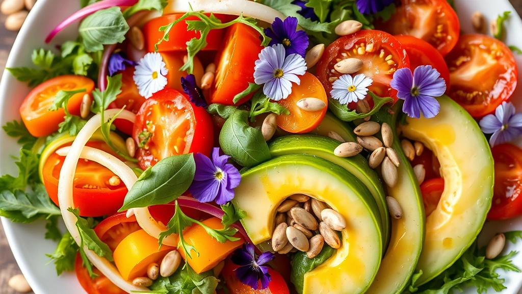 Colorful raw vegetable salad with mixed heirloom tomatoes, cucumber ribbons, fresh basil, arugula, edible flowers, creamy avocado slices, and pumpkin seeds with olive oil vinaigrette