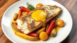 Pan-seared branzino fillet with crispy skin, surrounded by roasted baby fennel, heirloom carrots, and fingerling potatoes, topped with golden saffron beurre blanc, professional plating on white ceramic plate