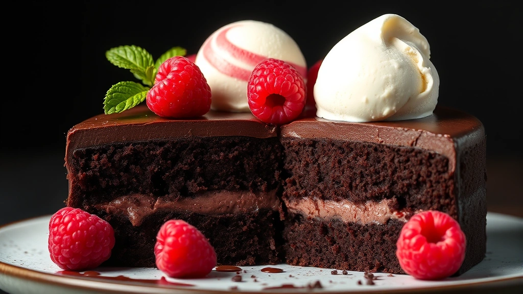Dark chocolate torte cross-section showing dense, moist crumb structure, garnished with fresh raspberries, raspberry coulis swirl, and vanilla bean ice cream quenelle, studio lighting