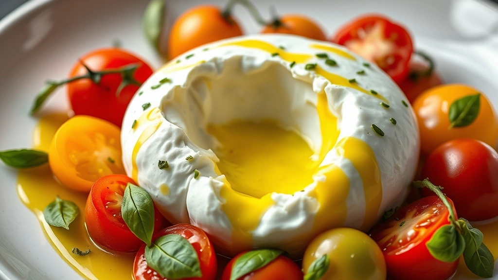 Burrata cheese with creamy center slightly broken open, surrounded by colorful heirloom tomatoes in reds and yellows, drizzled with vibrant green basil oil, fine dining presentation