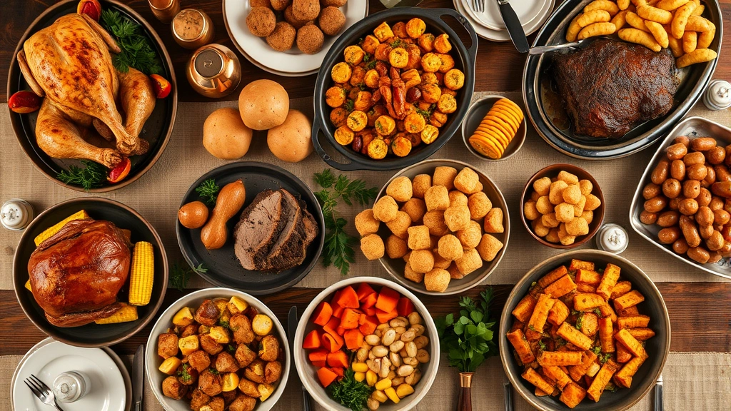 Overhead view of abundant smorgasbord spread featuring roasted chicken, beef pot roast, buttered corn, candied sweet potatoes, fresh dinner rolls, and multiple vegetable dishes on rustic serving platters with copper and ceramic serving utensils, warm golden lighting, farmhouse table setting