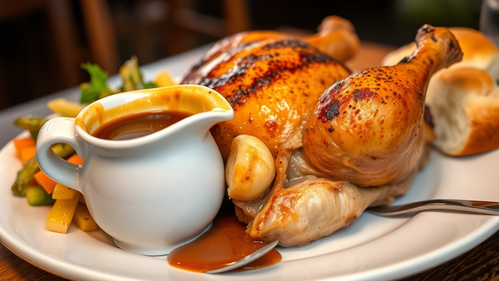 Close-up of perfectly roasted chicken with crispy golden skin, steam rising, accompanied by rich brown gravy in a ceramic pitcher, buttered vegetables, and fresh dinner rolls on a simple white plate with vintage silverware, soft warm restaurant lighting