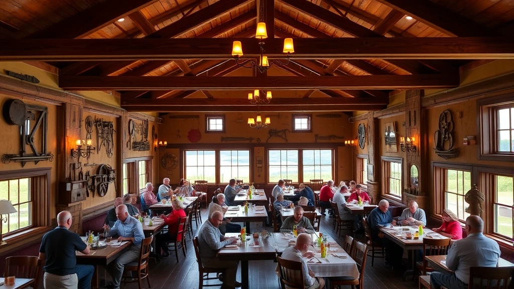 Rustic farmhouse dining room interior with exposed wood beams, vintage farm implements on walls, multiple tables with diners enjoying meals, warm amber lighting from traditional fixtures, windows showing Lancaster County farmland landscape, authentic period furnishings