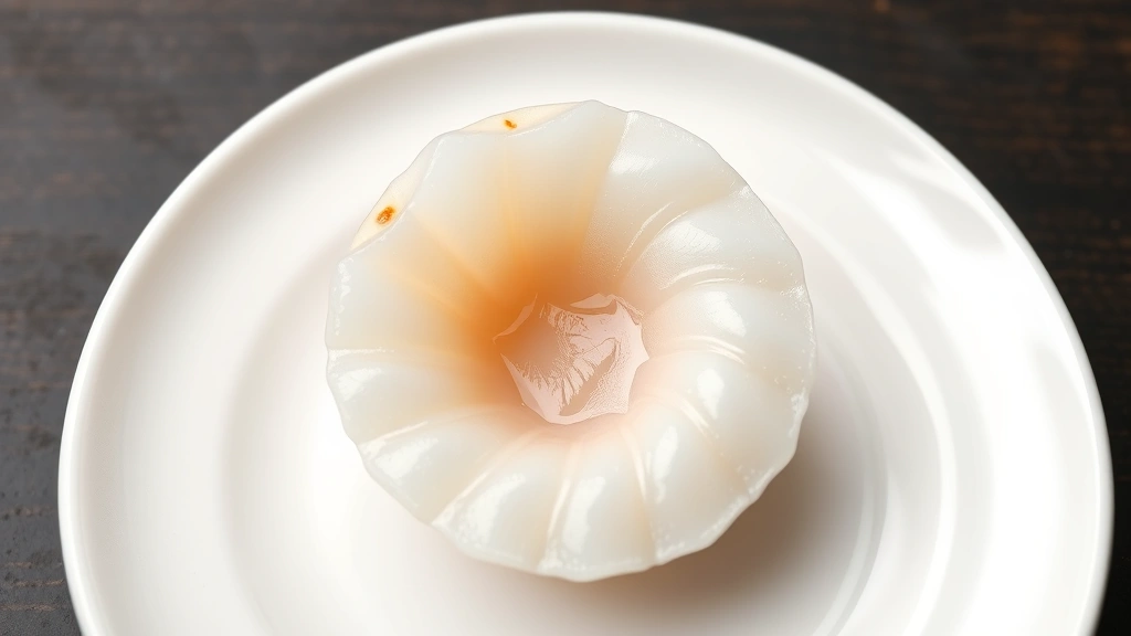 Overhead shot of pristine raw hokkaido scallop (hotate) on white ceramic plate, delicate translucent flesh with subtle golden undertones, minimalist plating, professional sushi photography