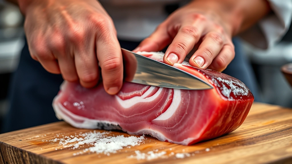 Close-up of master sushi chef's hands slicing premium otoro (bluefin tuna belly) with traditional knife, showing marbled fat texture, action shot mid-slice, Japanese kitchen background