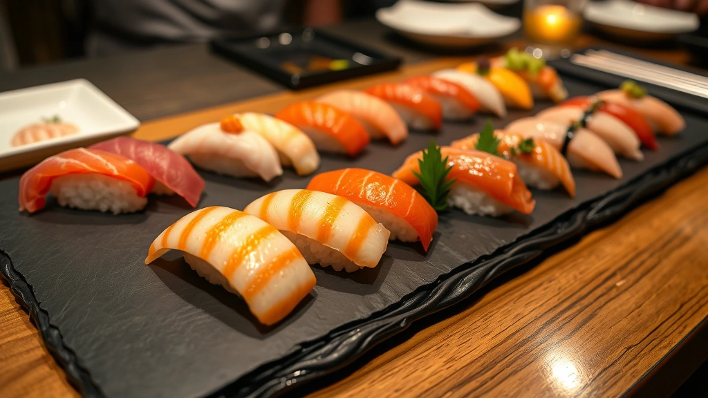 Artfully arranged omakase course progression on dark slate, multiple pieces of sushi displaying various hokkaido ingredients including uni, hotate, and fatty fish, professional food styling, ambient restaurant lighting