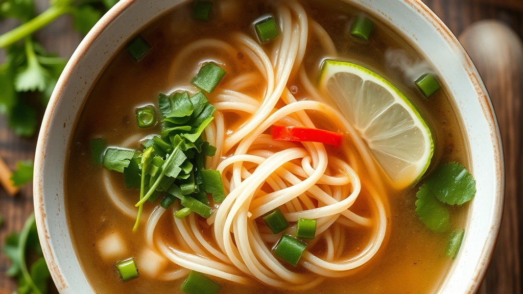 Steaming bowl of Vietnamese pho with fresh herb garnishes, lime wedge, and thin rice noodles in aromatic broth, overhead shot showing steam rising