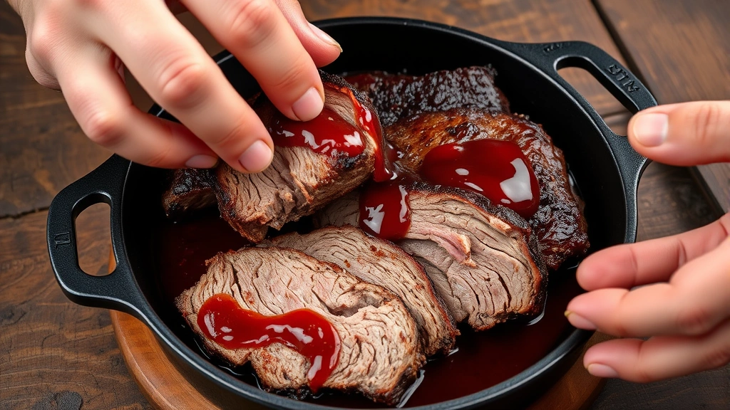 Hands pulling tender smoked brisket from a cast iron plate with barbecue sauce glistening, revealing pink smoke ring on meat, rustic wooden table background