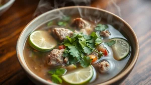 Steaming bowl of authentic Vietnamese pho with fresh herbs, lime wedges, and aromatic beef broth in a modest ceramic bowl, steam rising from surface, close-up food photography