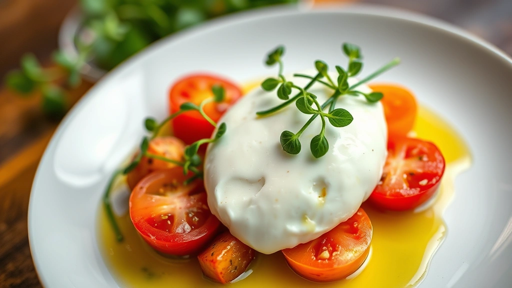 Close-up of a beautifully plated fine dining appetizer featuring burrata cheese, heirloom tomatoes, basil oil, and microgreens on white ceramic, professional culinary presentation, warm natural lighting
