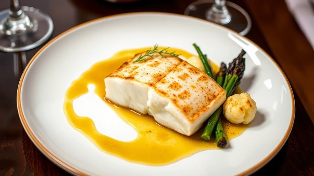 Elegantly arranged main course with perfectly seared halibut fillet, crispy skin, brown butter cauliflower purée, charred brassicas, and silky sauce, fine dining plating with garnish, professional food photography