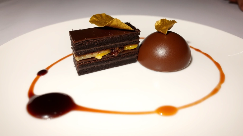 Sophisticated dessert plate featuring dark chocolate torte, passion fruit curd layer, chocolate cremeux, edible gold leaf, and artistic sauce drizzle on white plate, elegant fine dining presentation