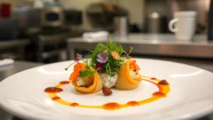 Fine dining plated appetizer with microgreens, edible flowers, and artistic sauce swirls on white ceramic plate, professional restaurant kitchen backdrop
