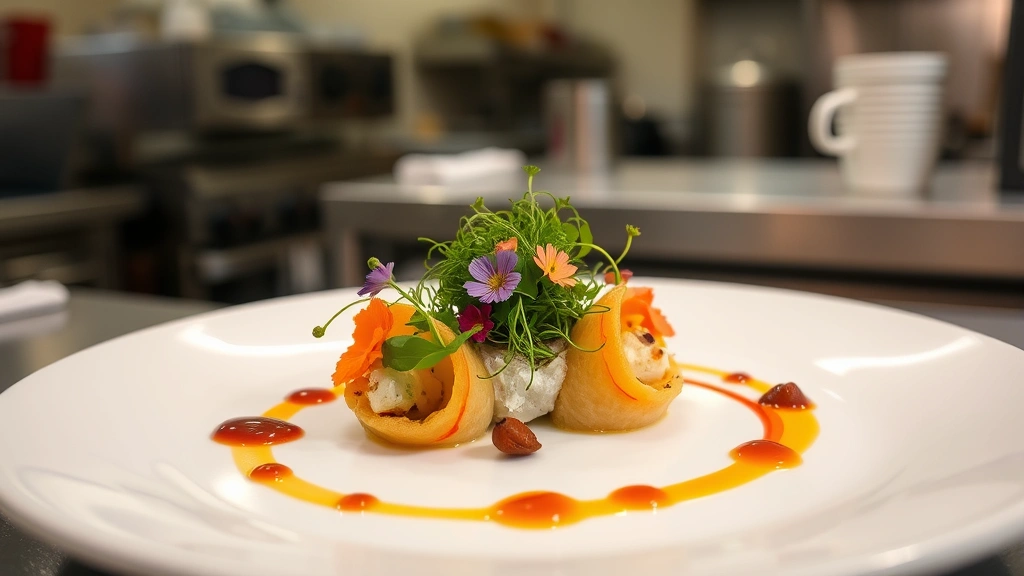 Fine dining plated appetizer with microgreens, edible flowers, and artistic sauce swirls on white ceramic plate, professional restaurant kitchen backdrop