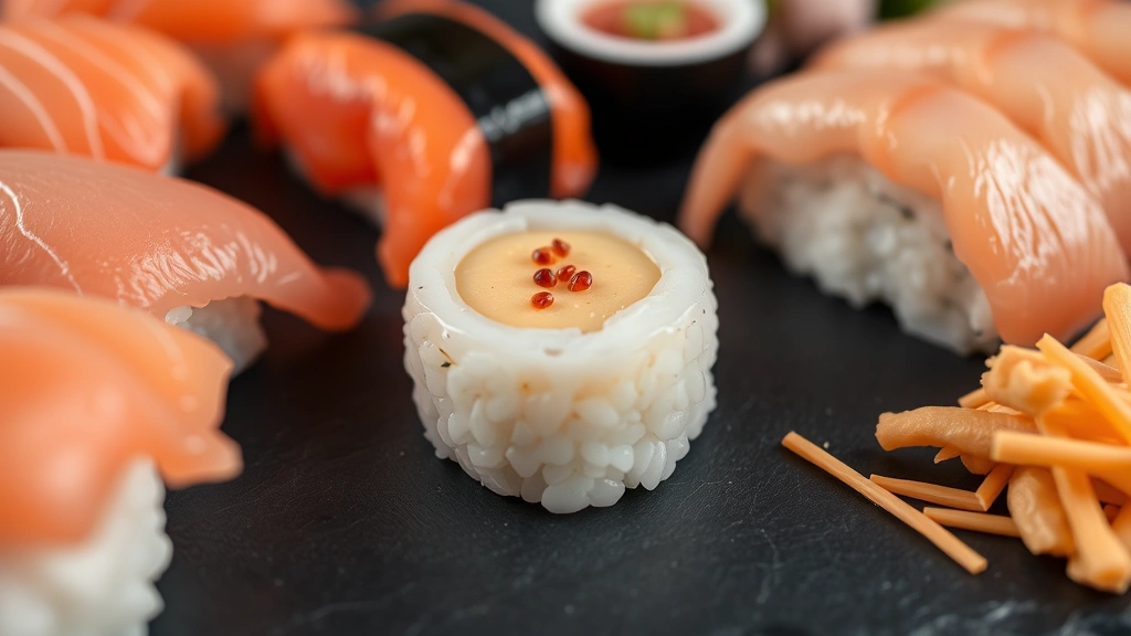Close-up of sushi selection featuring pristine raw fish, scallops, uni, and rice arranged on slate with wasabi and ginger, shallow depth of field