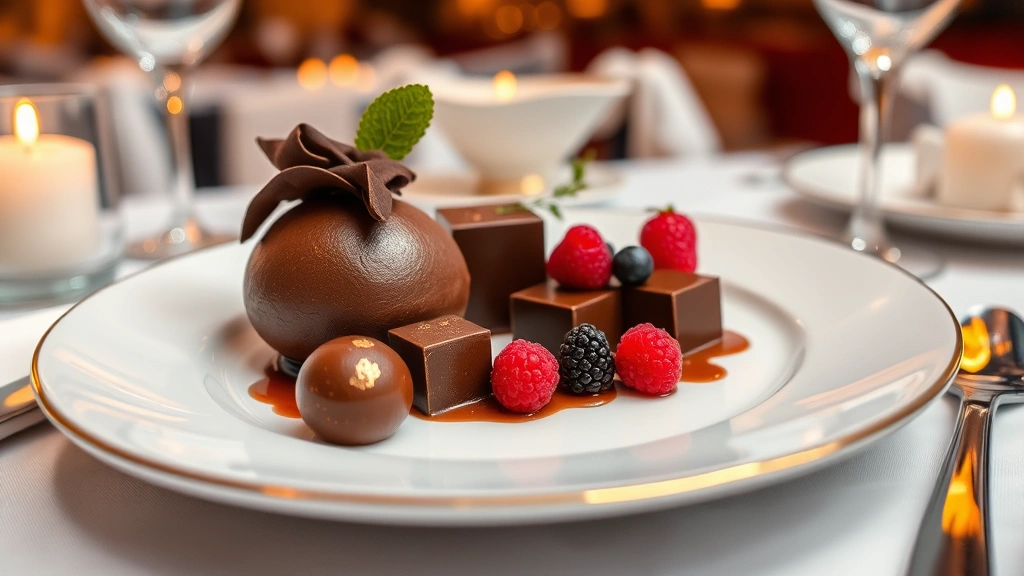 Elegant dessert plate with chocolate components, fresh berries, gold leaf accents, and artistic plating on fine dining china with blurred restaurant ambiance