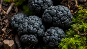Close-up of freshly harvested black truffles with earthy texture, surrounded by forest moss and soil, professional food photography lighting highlighting warty surface details and natural dark coloring