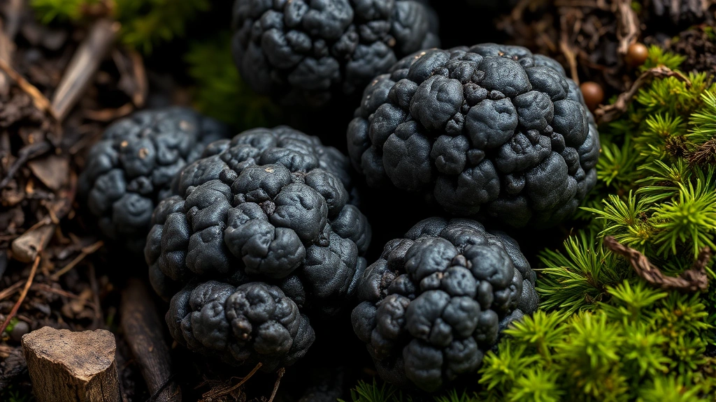 Close-up of freshly harvested black truffles with earthy texture, surrounded by forest moss and soil, professional food photography lighting highlighting warty surface details and natural dark coloring