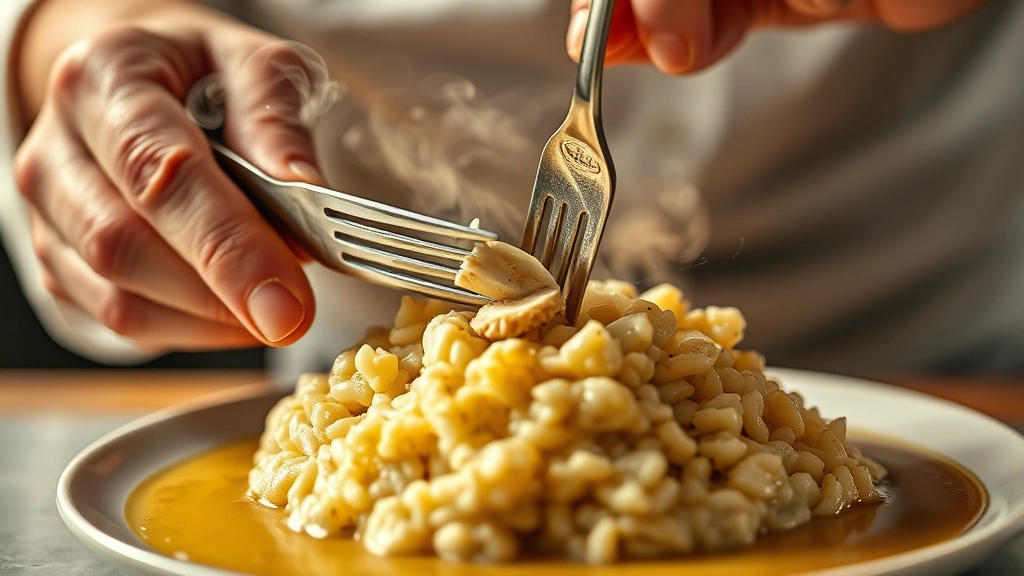 Chef's hands shaving fresh white truffle over creamy risotto with fork, steam rising, butter-rich sauce visible, soft warm kitchen lighting, extreme close-up capturing delicate shaving technique and aroma visualization