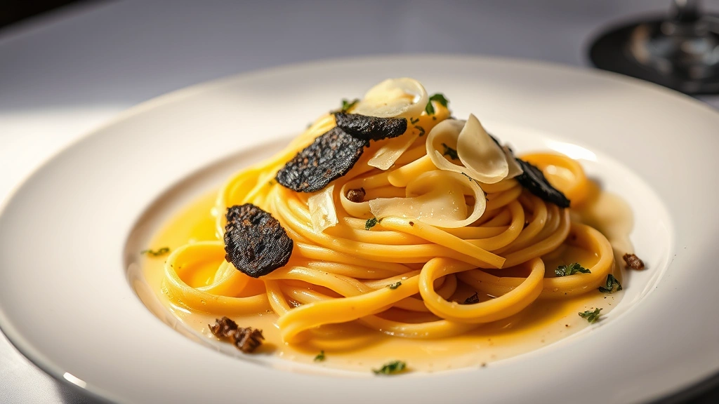 Elegant plating of truffle-infused pasta dish with shaved black truffle, aged Parmigiano-Reggiano curls, fresh butter pooling, minimalist white plate, professional restaurant photography with dramatic side lighting