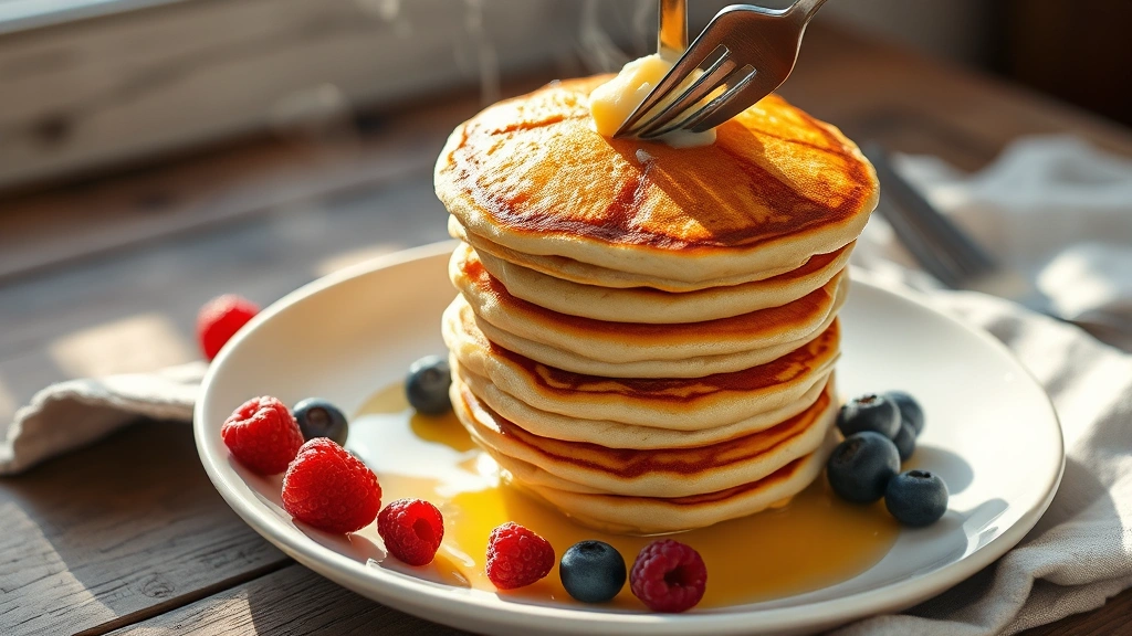 Golden-brown buttermilk pancakes stacked high with melting house-made maple butter pooling between layers, fresh berries scattered on white ceramic plate, morning sunlight highlighting crispy edges, steam rising gently, fork cutting into fluffy interior revealing tender crumb structure, rustic wooden table setting with cloth napkin