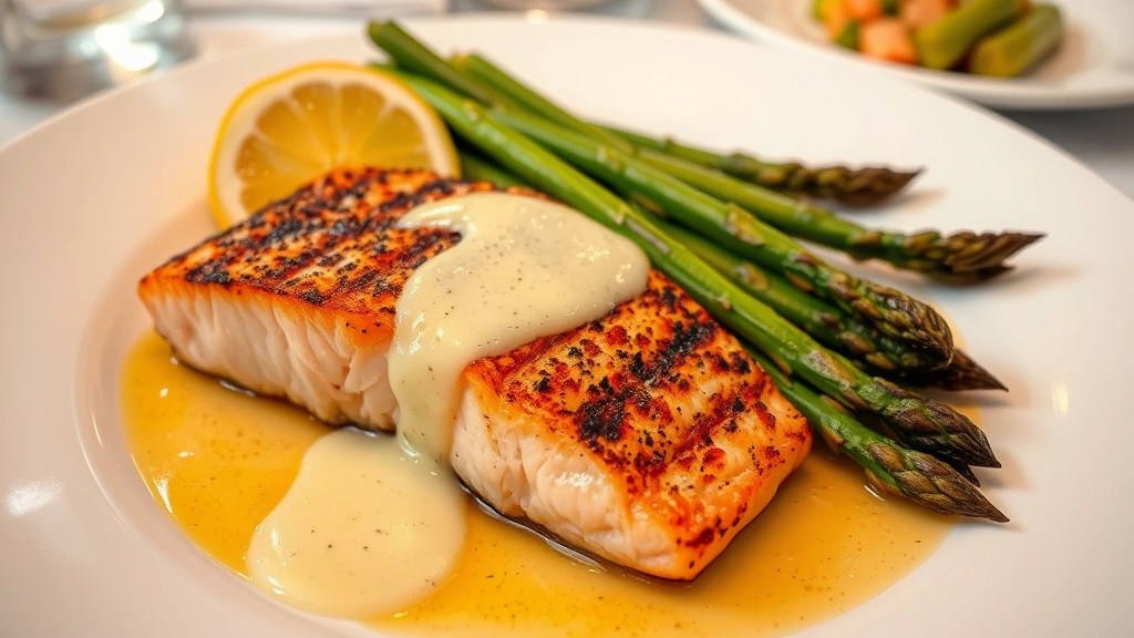 Perfectly seared salmon fillet with crackling skin, roasted asparagus spears with charred tips, creamy lemon butter sauce drizzled artfully, fresh lemon wedge garnish, professional plating on white dish, steam wisping from hot fish, golden-brown exterior contrasting with moist pink flesh interior, restaurant dining ambiance soft lighting