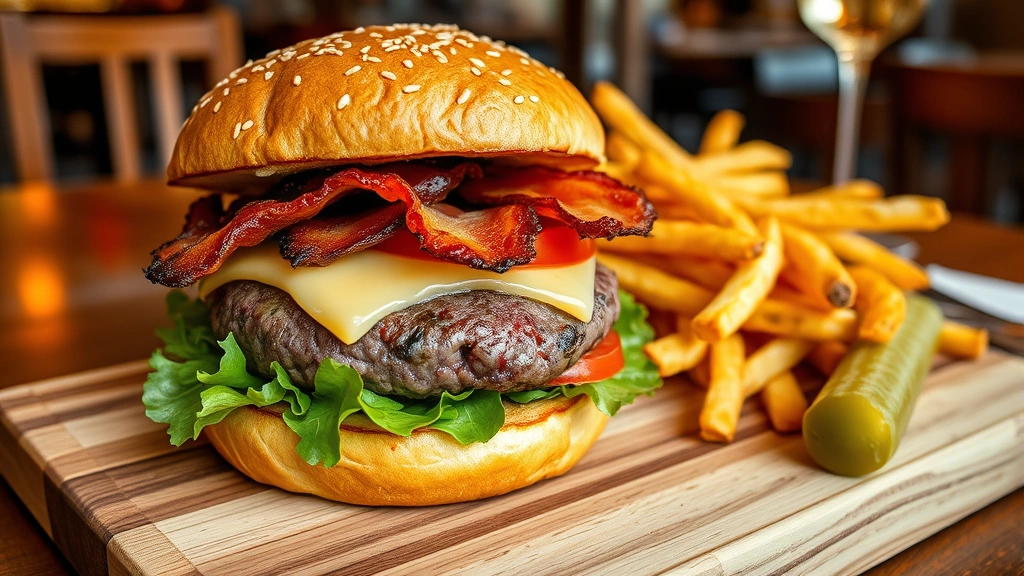 Gourmet burger with thick grass-fed beef patty showing perfect pink center, melted aged gruyère cheese, crispy bacon strips, fresh lettuce and tomato slices, toasted brioche bun with sesame seeds, served on wooden board with steak fries golden and crispy, pickle spear on side, restaurant table setting with cloth napkin, professional food styling