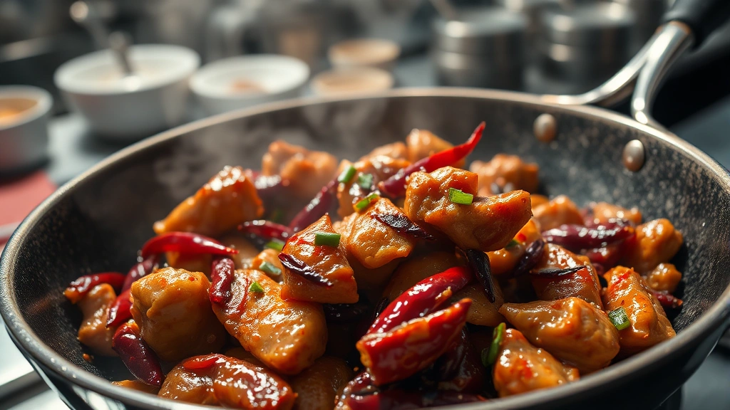 Close-up of glistening Hunan chicken with dried red chilies and Sichuan peppercorns in a wok, steam rising, vibrant colors, restaurant kitchen setting, professional plating