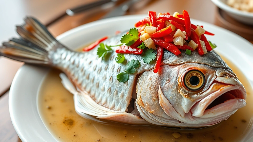 Whole steamed fish head topped with minced fresh red chilies, garlic, and ginger, served on white porcelain plate, garnished with cilantro and scallions, steam visible