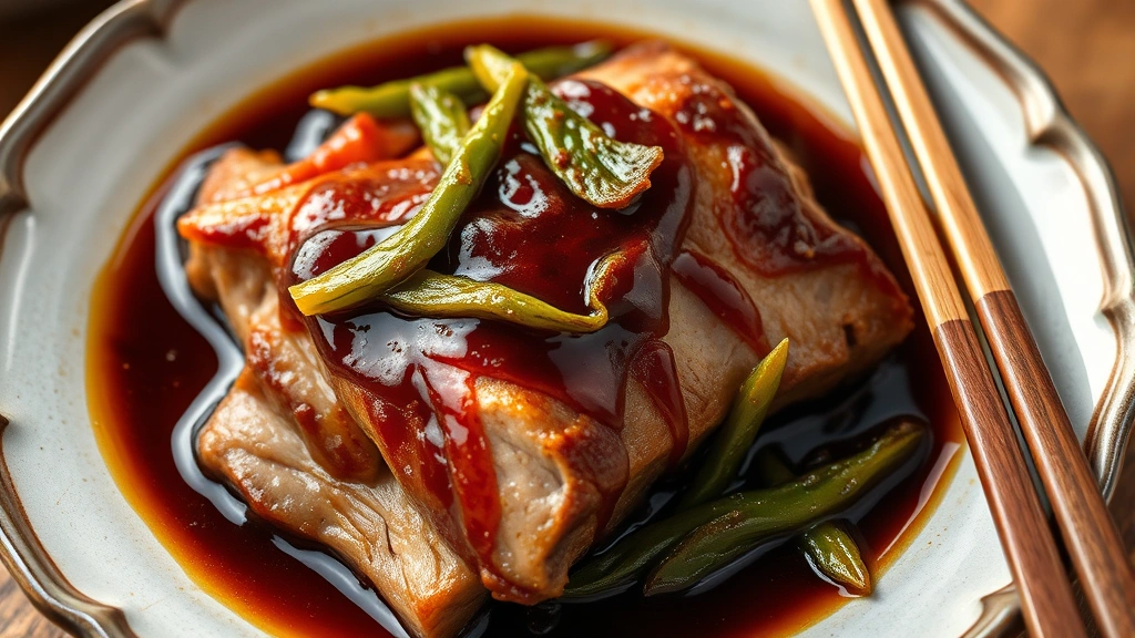 Braised pork belly with dark, glossy sauce and sour preserved mustard greens on ceramic dish, chopsticks beside plate, close-up detail showing tender meat texture and sauce coating