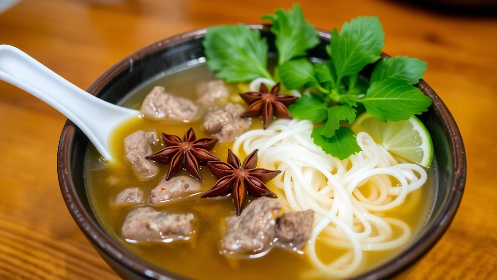 Steaming bowl of pho with clear golden broth, tender beef slices, fresh white rice noodles, aromatic star anise floating on surface, vibrant green basil and cilantro sprigs, lime wedge on side, wooden table background, warm lighting