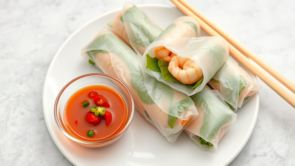 Freshly prepared Vietnamese spring rolls with translucent rice paper wrapper showing shrimp and herbs inside, arranged on white ceramic plate, accompanied by small glass bowl of amber fish sauce dipping sauce with fresh chilies and lime, wooden chopsticks