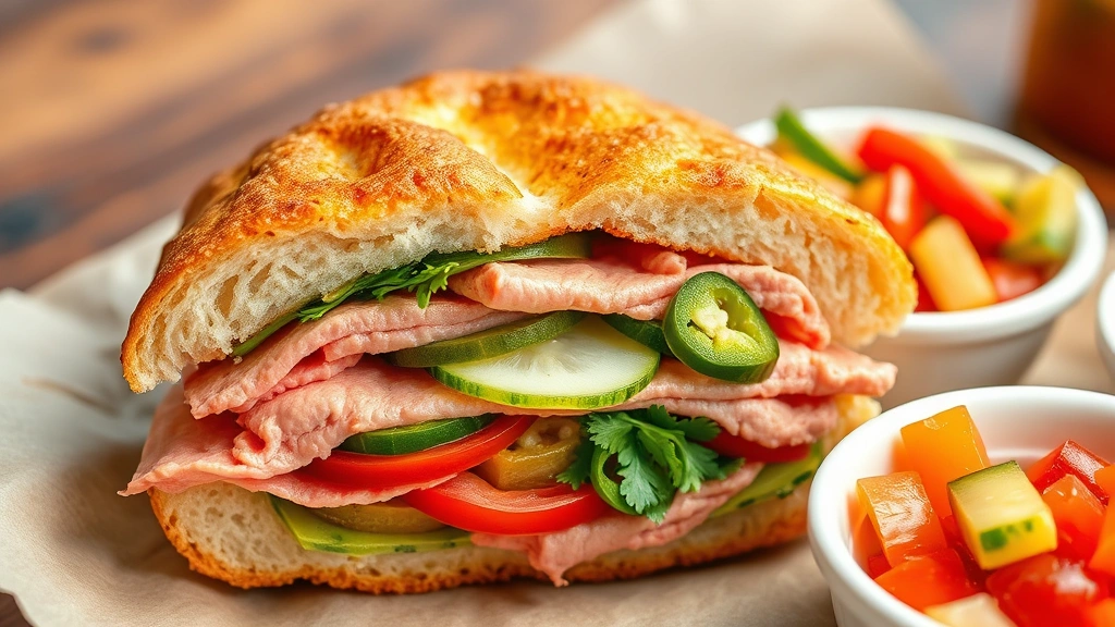 Colorful Vietnamese banh mi sandwich cross-section showing crispy golden bread exterior, layers of pink pâté, pickled vegetables, fresh cilantro, sliced cucumber, and jalapeños, served on parchment paper with pickled vegetable side dish in small bowl