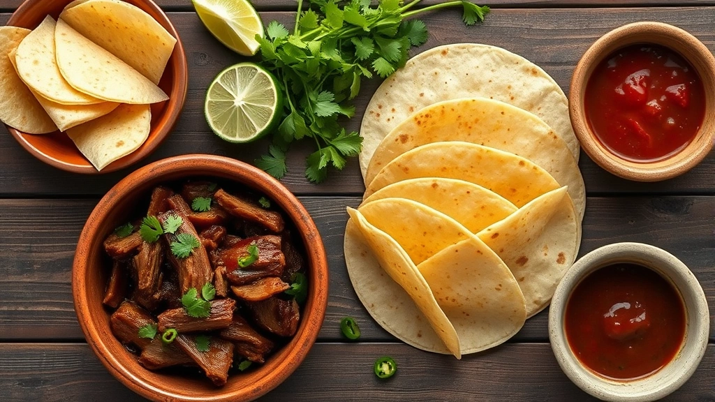 Overhead flat lay of traditional taco components: handmade corn tortillas, slow-cooked carnitas in earthenware bowl, lime wedges, fresh cilantro bundles, diced jalapeños, and dark red salsa in rustic ceramic dishes on weathered wooden table