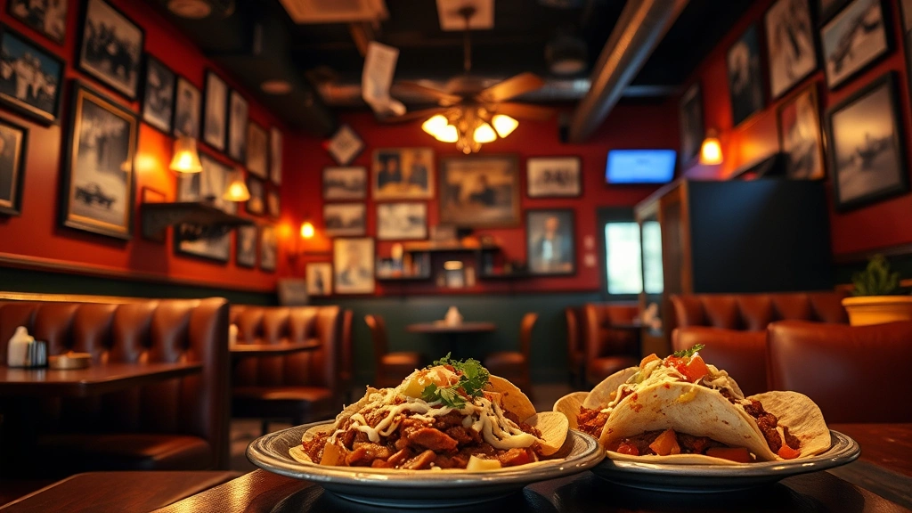 Interior of vintage family-owned Mexican restaurant with worn leather booths, dim warm lighting, vintage photographs on walls, plates of authentic tacos in foreground with blurred dining area in background, nostalgic atmosphere