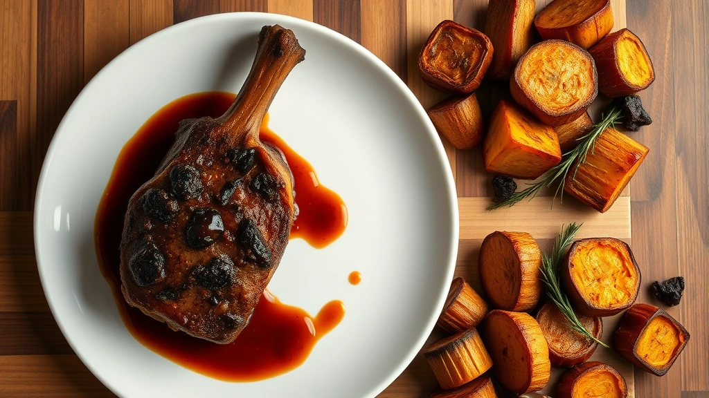 Overhead view of plated slow-braised meat with caramelized exterior, glossy mahogany sauce, and roasted root vegetables arranged artfully on white ceramic plate, soft warm lighting, fine dining presentation