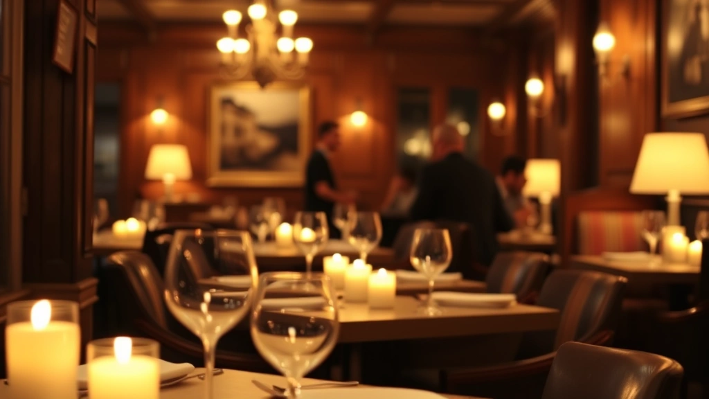 Intimate dining room interior with candlelit tables, warm ambient lighting, wooden furnishings, elegant place settings with wine glasses, blurred figures of diners in background creating warm atmosphere