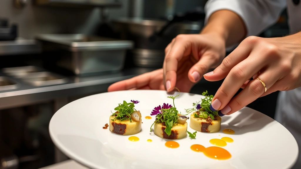 Close-up of chef's hands plating sophisticated appetizer with microgreens, edible flowers, and sauce dots on modern white plate, professional kitchen setting with stainless steel equipment visible, natural lighting