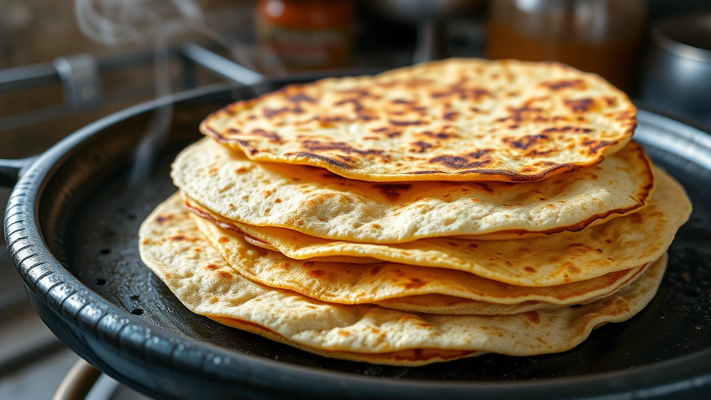 Close-up of perfectly charred corn tortillas stacked on a traditional comal with steam rising, showing crispy edges and soft texture, warm golden-brown color, rustic kitchen background