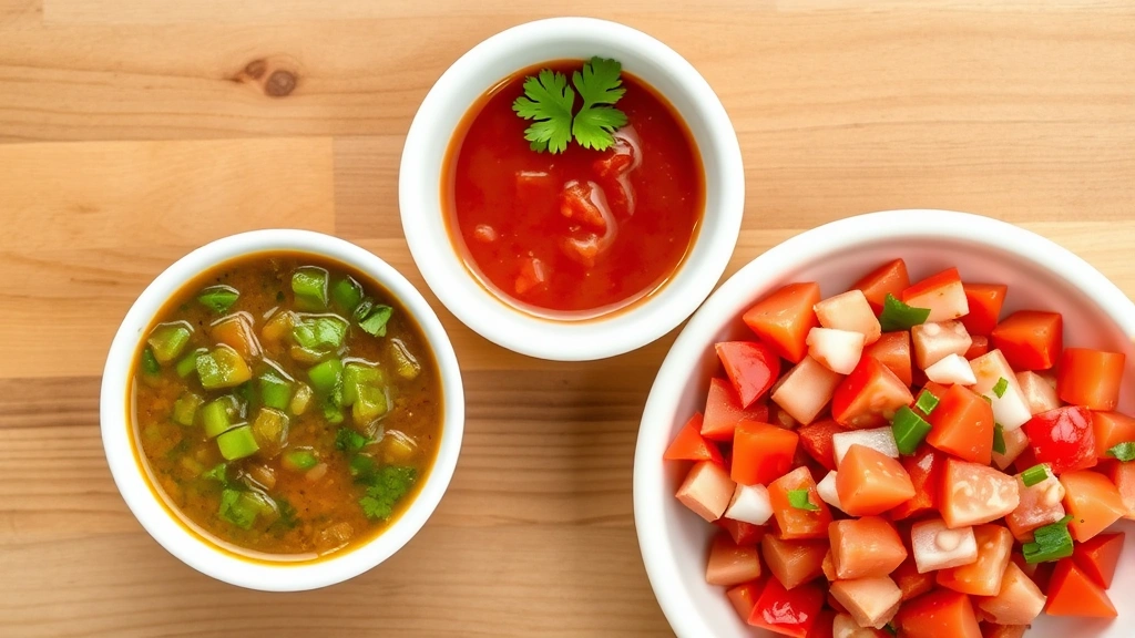 Overhead flat lay of three distinct salsas in white ceramic bowls - vibrant red salsa roja with visible chile texture, bright green salsa verde with cilantro, and fresh pico de gallo with diced tomatoes and onions, shot on wooden surface