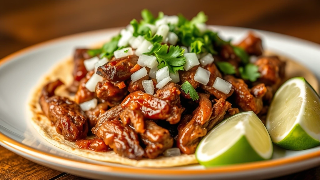 Plated taco with slow-cooked carnitas showing tender, caramelized meat, topped with finely diced onions and fresh cilantro, lime wedge beside, selective focus on meat texture, warm professional lighting