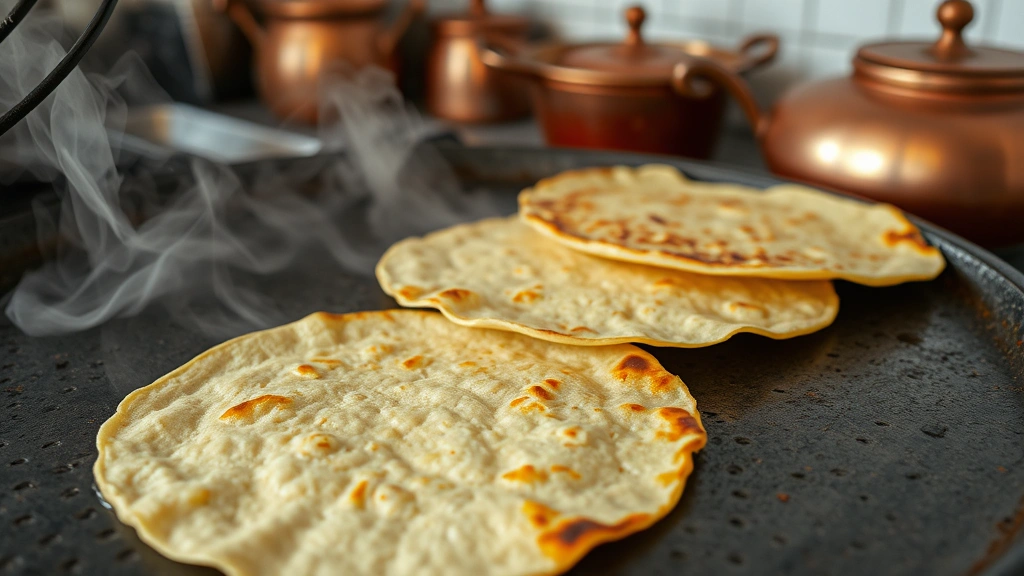 Close-up of fresh corn tortillas cooking on a traditional comal with visible steam and char marks, golden-brown edges, authentic Mexican kitchen background with copper pots visible