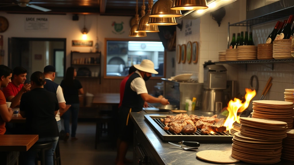 Interior of traditional Mexican taqueria showing open kitchen counter with skilled cook grilling meat on flat top, flames visible, stacks of warm tortillas, customers seated at counter in warm lighting