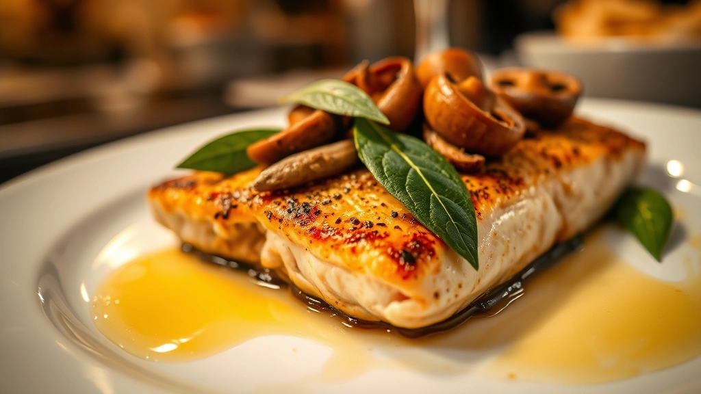 Close-up of perfectly seared Idaho trout fillet with golden crust, topped with fresh sage leaves and wild mushrooms, served on white ceramic plate with silky butter sauce drizzled artfully, warm amber lighting, shallow depth of field, restaurant kitchen background blurred
