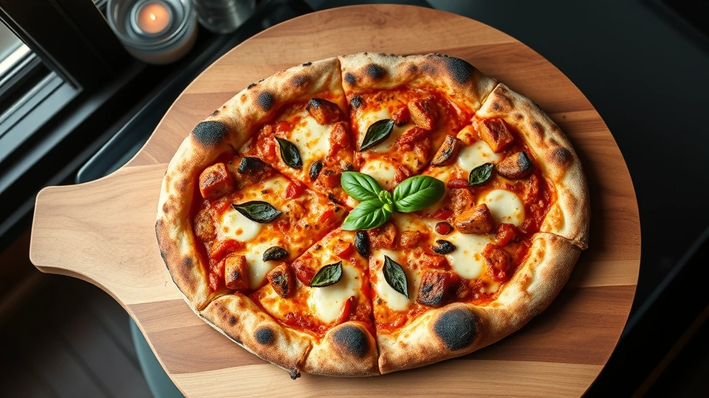 Overhead flat-lay of gourmet wood-fired pizza fresh from oven with charred crust edges, melted cheese, caramelized vegetables, fresh basil garnish, steam rising, rustic wooden serving board, natural daylight through restaurant window, artisanal presentation