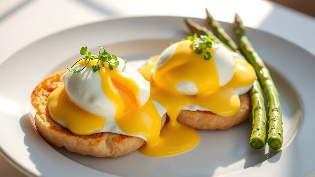 Beautifully plated eggs Benedict with perfectly poached eggs showing runny golden yolk, silky hollandaise sauce, toasted English muffin, fresh microgreens, asparagus spears on side, white porcelain plate, morning sunlight, professional food styling, elegant brunch presentation