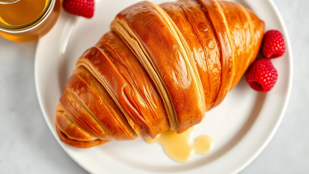 Overhead shot of perfectly laminated croissant with crispy golden exterior, flaking butter layers visible, fresh berries and honey drizzle on white ceramic plate, natural morning light, photorealistic food photography